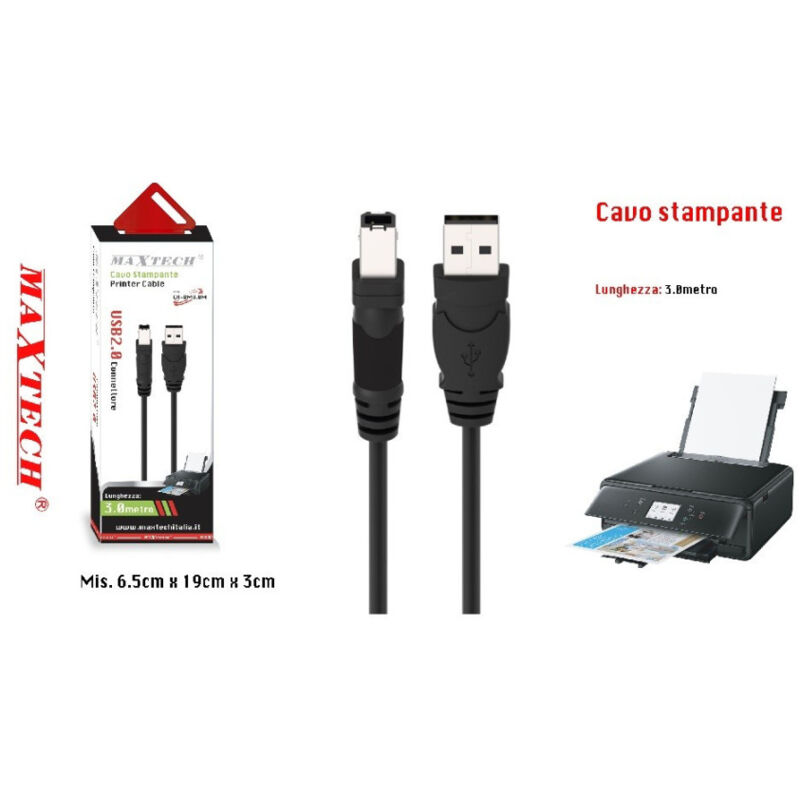foto del prodotto maxtech cavo da 3mt usb 2.0 per stampante hp prolunga dati pc hard disk ca bm3.0m 