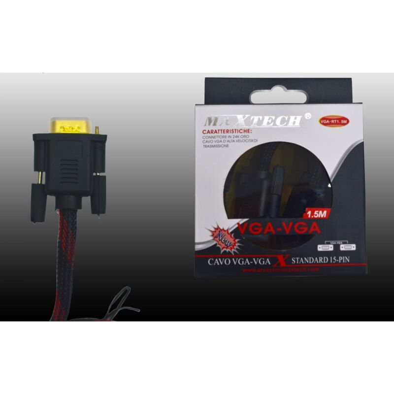 foto del prodotto maxtech cavo da vga a vga maschio a maschio 1,5mt cavo telato per pc vga rt1.5m 