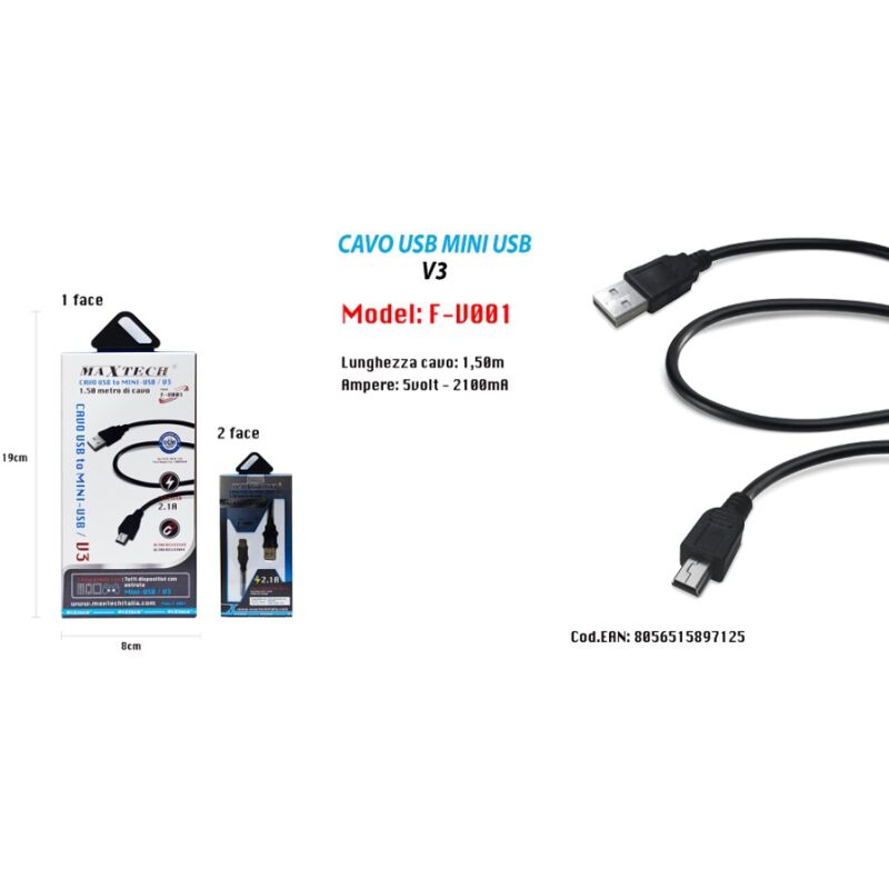 foto del prodotto maxtech cavo dati ricarica usb a mini usb v3 1.5 mt 2100ma per mp3 mp4 ps f v001 