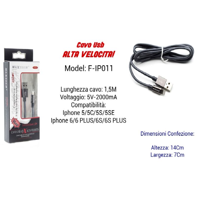 foto del prodotto maxtech cavo filo usb veloce ricarica per iphone 5volt 2000ma 1,50mt f ip011 