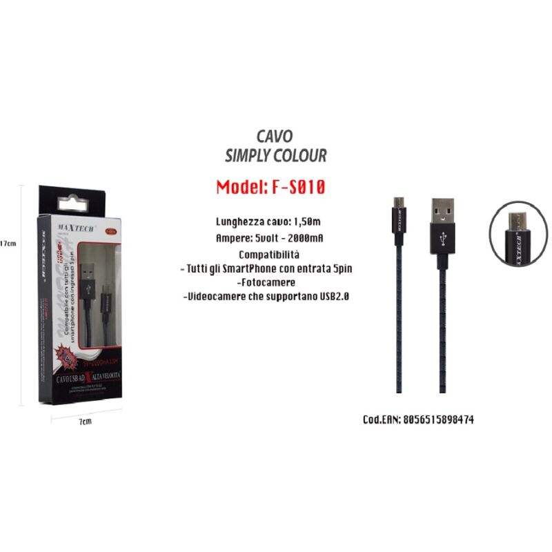 foto del prodotto maxtech cavo simply colour per smartphone 5volt 2000ma lunghezza 1,5mt f s010 