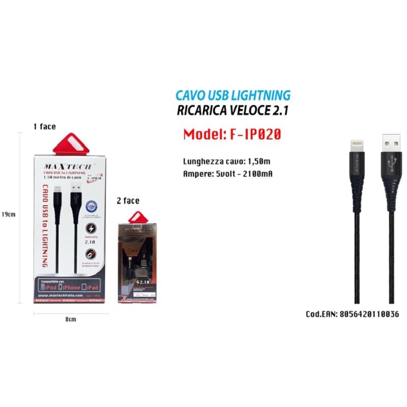 foto del prodotto maxtech cavo usb 1,5mt caricabatteria usb 2.1 lightning iphone ipad ipod f ip020 