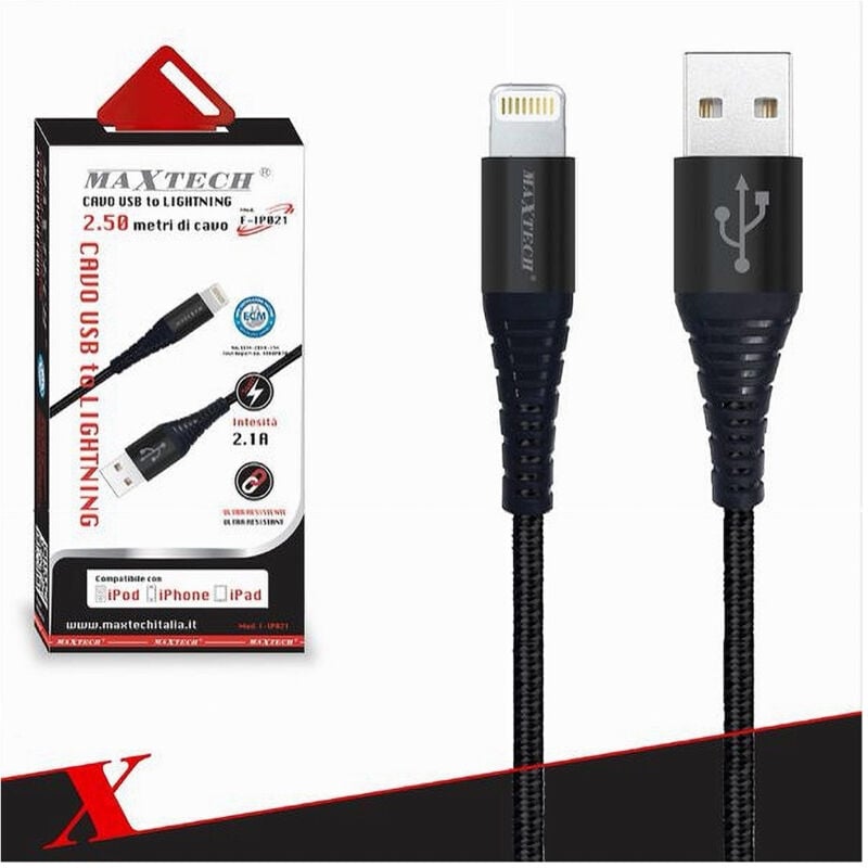 foto del prodotto maxtech cavo usb a lightning per smartphone 2.1a 2.5mt trasmissione dati f ip021 