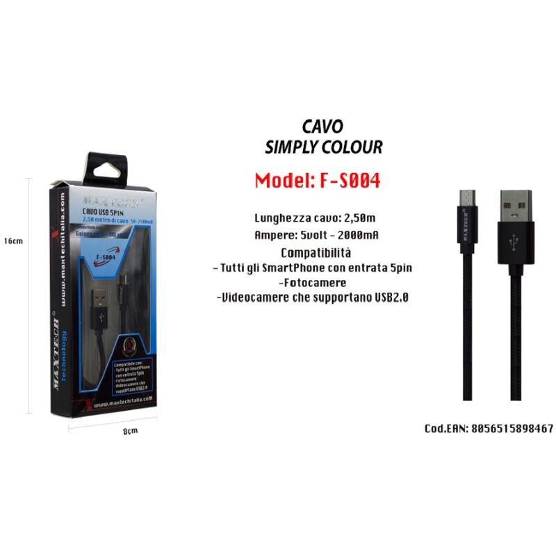 foto del prodotto maxtech cavo usb android 5pin 2.50 mt 5v 2100ma per smartphone fotocamere f s004 nero 
