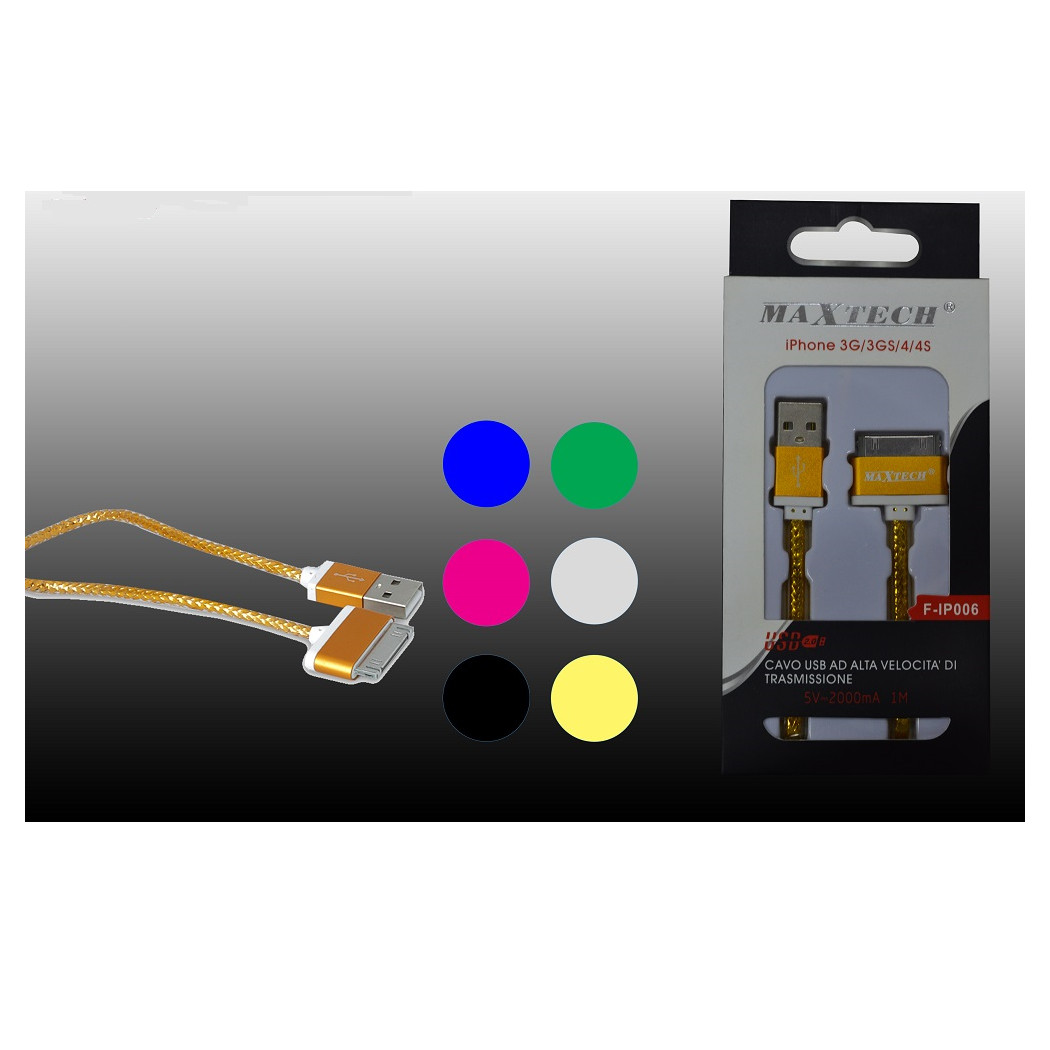 foto del prodotto maxtech cavo usb dati apple per iphone 3gs 3g 4 4s caricatore 5v 2000ma 1mt f ip006 