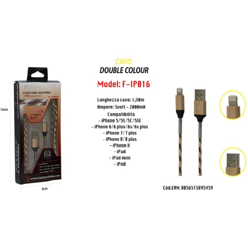 foto del prodotto maxtech cavo usb double colour iphone ipad ipod 5volt 2000ma 1,50 mt f ip016 
