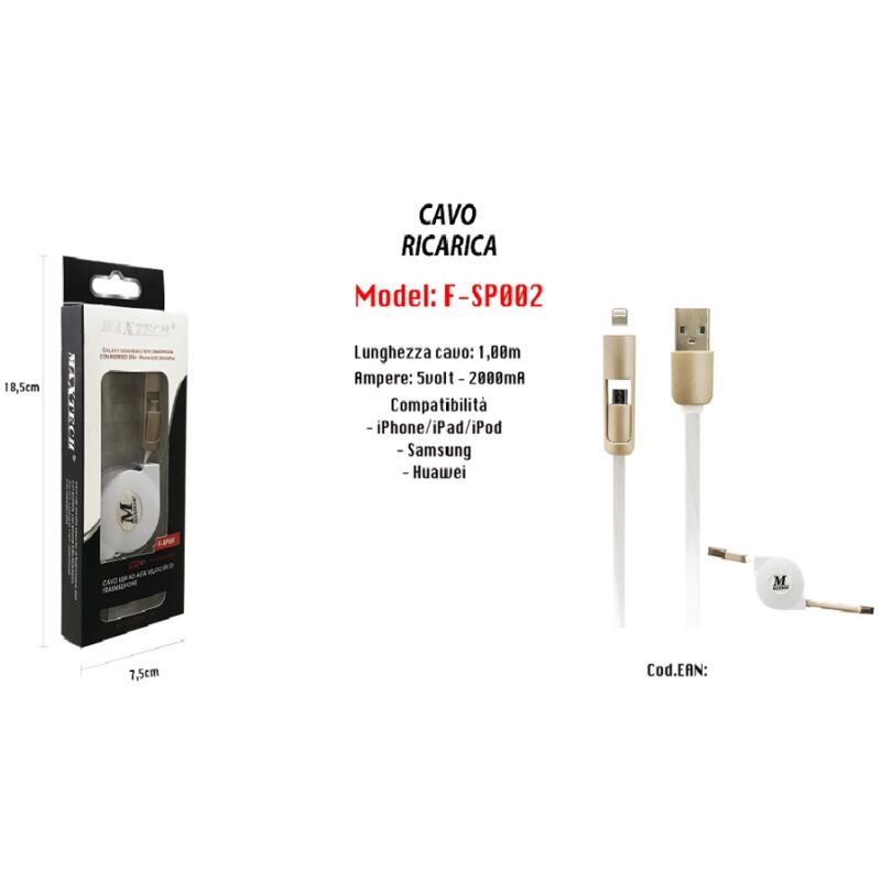 foto del prodotto maxtech cavo usb filo ricarica per iphone samsung huawei 5volt 2000ma 1mt f sp002 
