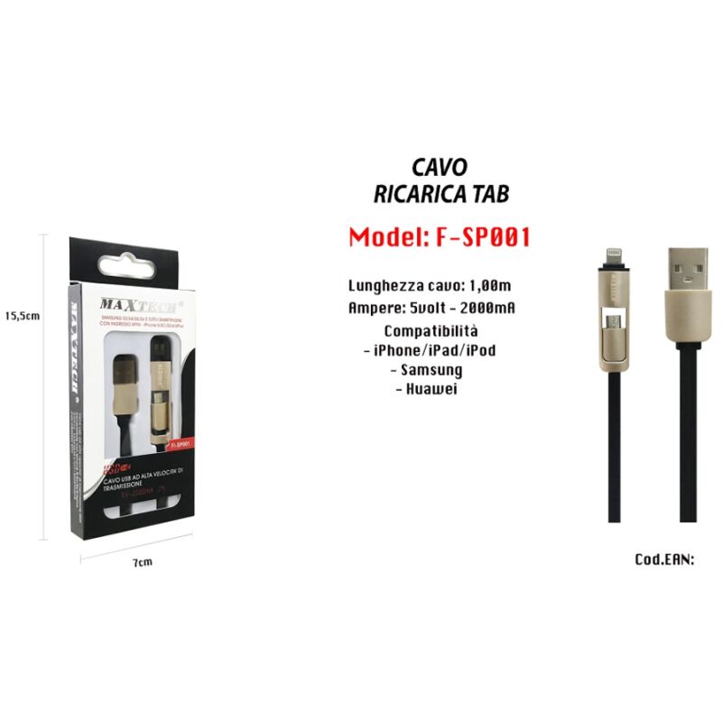 foto del prodotto maxtech cavo usb ricarica tab per iphone samsung huawei 5volt 2000ma 1mt f sp001 