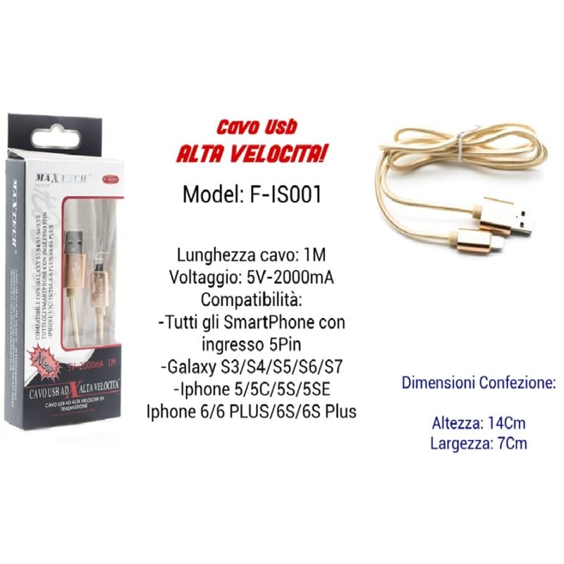 foto del prodotto maxtech cavo usb ricarica veloce iphone galaxy 5volt 2000ma 1,00mt 5 pin f is001 