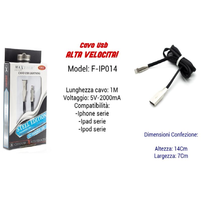 foto del prodotto maxtech cavo usb ricarica veloce x iphone ipad ipod 5volt 2000ma 1mt f ip014 
