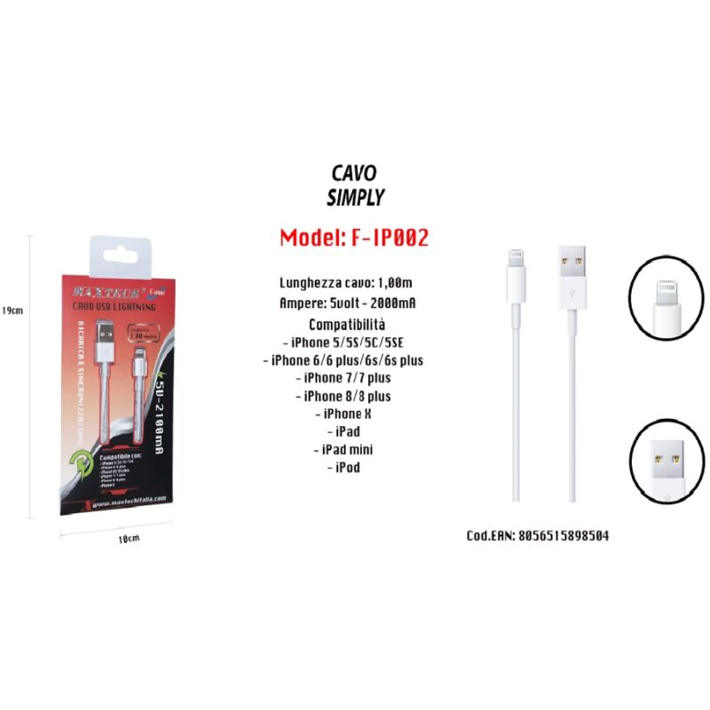 foto del prodotto maxtech cavo usb simply ricarica per iphone ipad ipod 1 mt 5volt 2000ma f ip002 