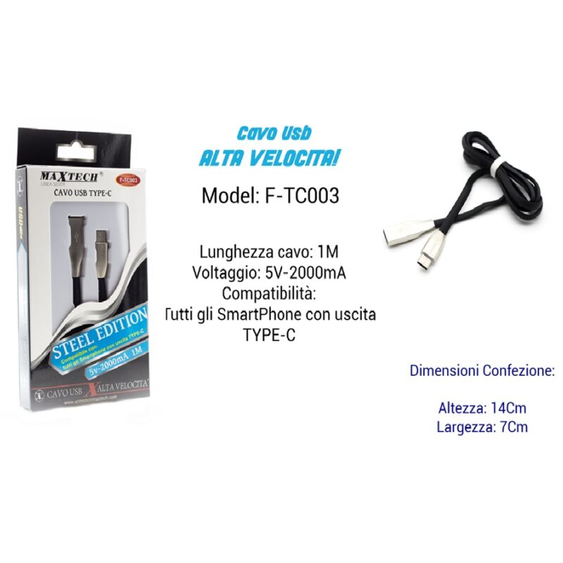 foto del prodotto maxtech cavo usb type c alta velocita per smartphone 1mt ampere 5v 2000ma f tc003 