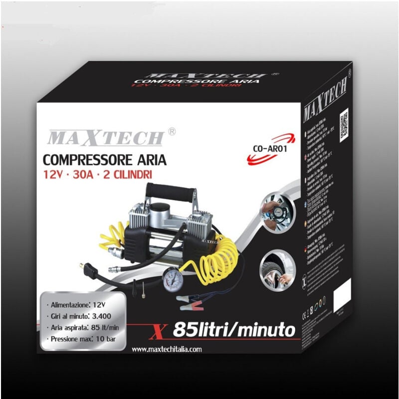 foto del prodotto maxtech compressore aria portatile 85lt min 12v silenziato 30a 10bar auto moto co ar01 