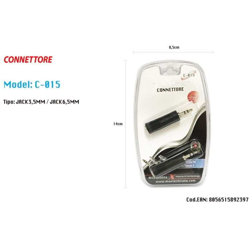 foto del prodotto maxtech connettore adattatore stereo jack 3.5mm maschio jack 6.5mm femmina c 015 