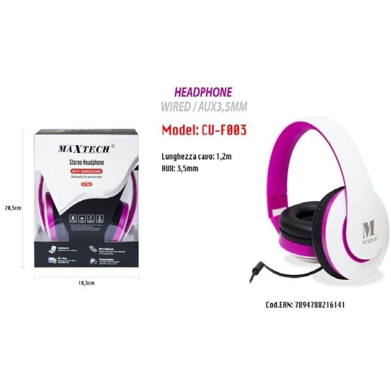 foto del prodotto maxtech cuffie con filo attacco 3,5 mm pc computer mac notebook mp3 portatili cu f003 