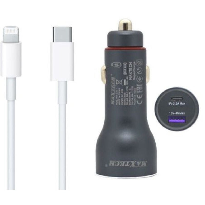 foto del prodotto maxtech kit caricabatterie auto usb type c superchange cavo lightning usb c 1 mt ma ip04 
