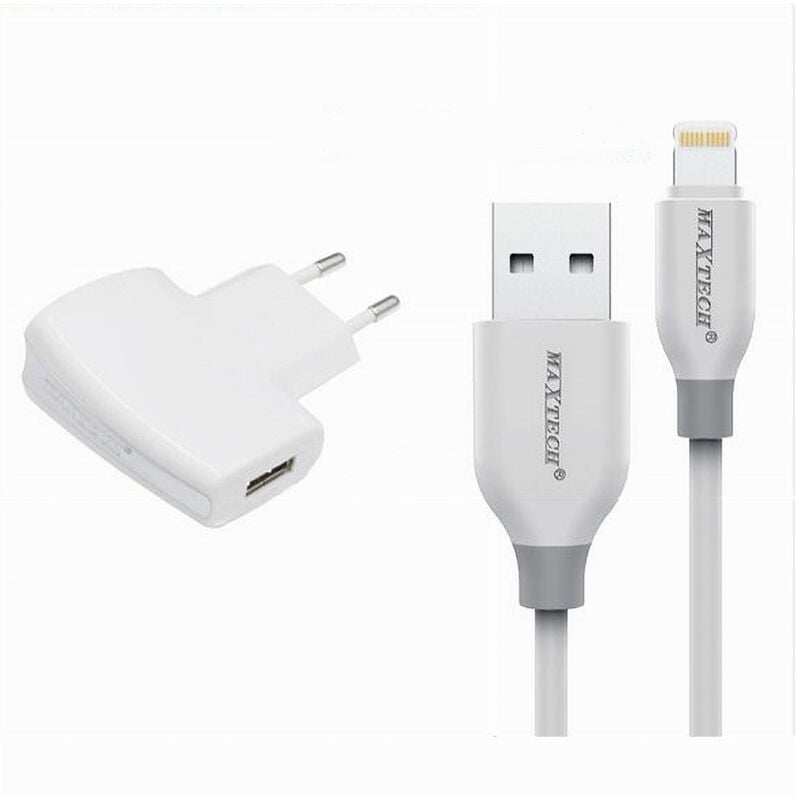 foto del prodotto maxtech kit caricabatterie cavo usb connettore lightning 10w 2.1a 1mt ca s035 