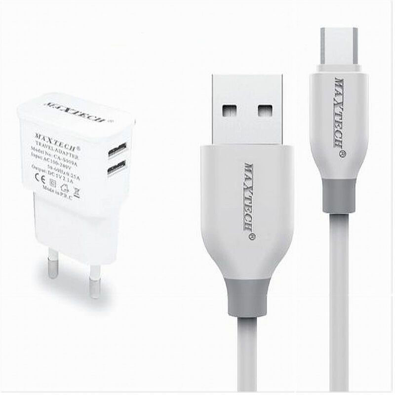 foto del prodotto maxtech kit caricabatterie da muro 2 porte usb 2.1a cavo micro usb 1mt ca s039 