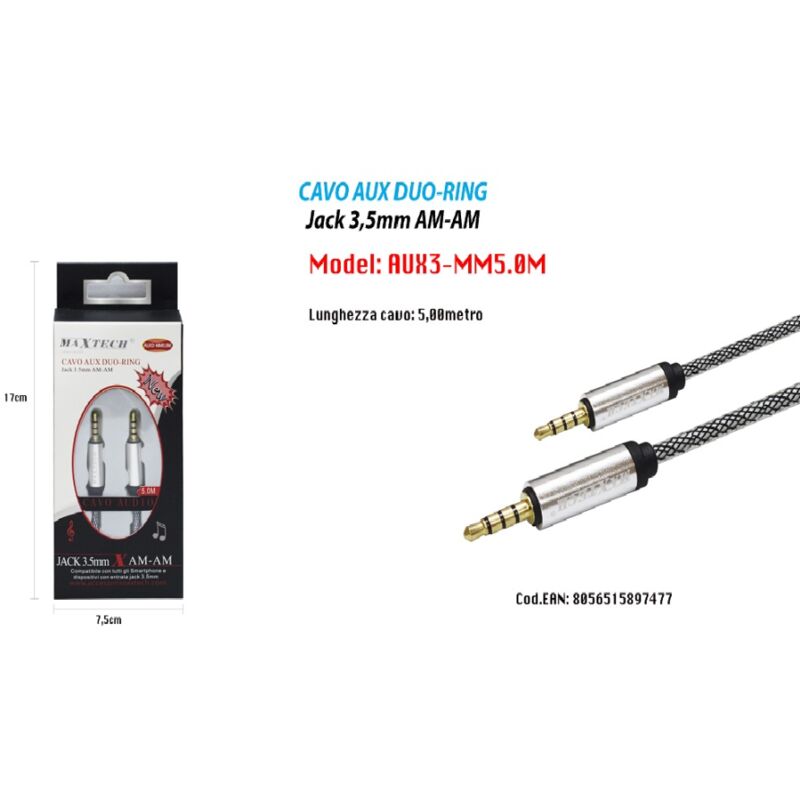 foto del prodotto maxtech maxtech cavo audio aux duo ring jack 3.5mm am am 5mt per smartphone aux3 mm5.0m 
