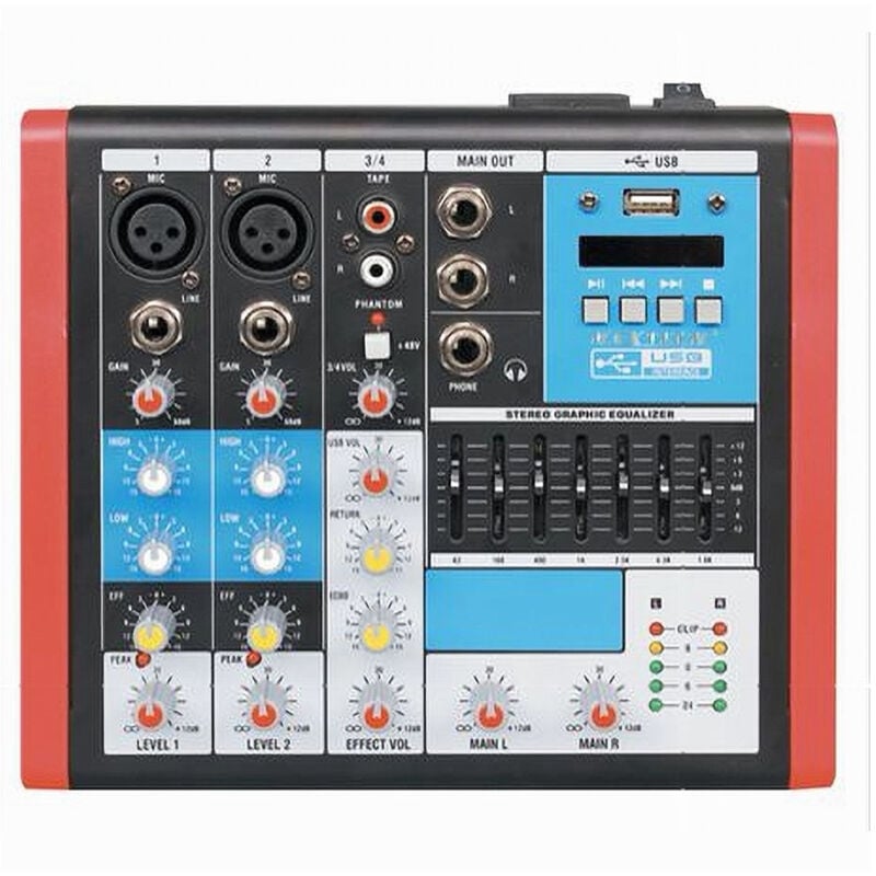 foto del prodotto maxtech mixer audio 4ch equalizzatore 2 ingressi mic xlr phantom usb mp3 display maxtech mix 4ch 