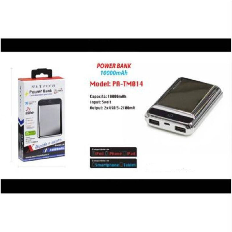 foto del prodotto maxtech power bank 10000 mah 2 usb carica batteria portatile esterno pa tm014 