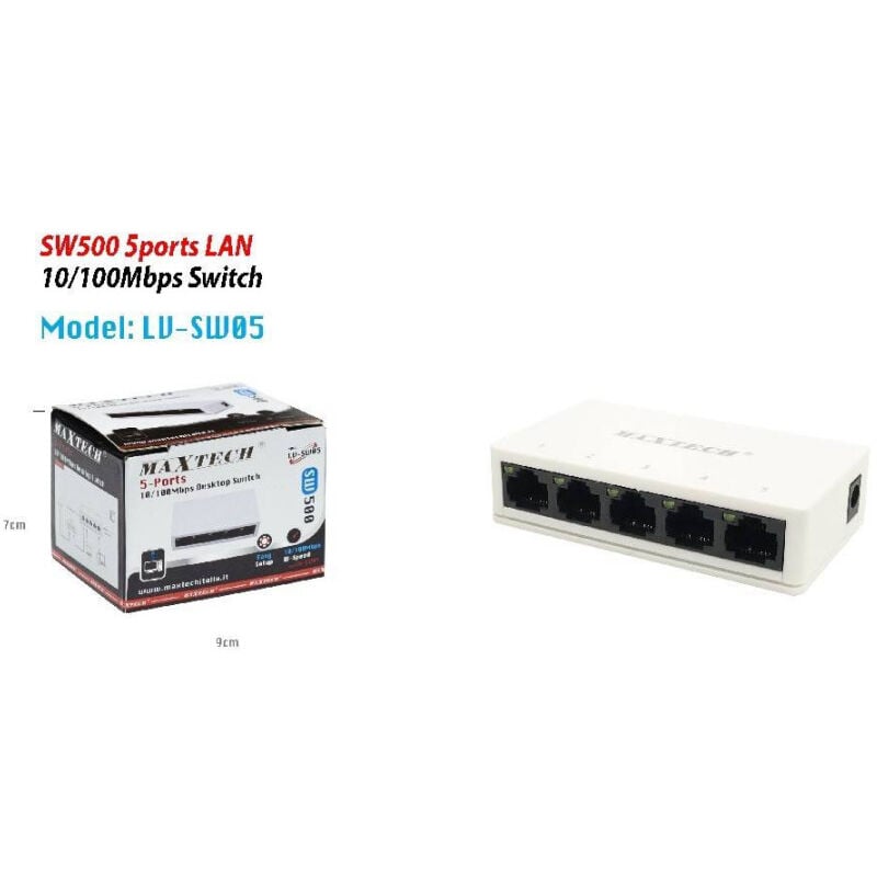 foto del prodotto maxtech switch desktop 5 porte lan sw500 10 100mbps facile installazione lv sw05 