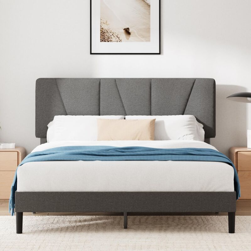 foto del prodotto maya letto 140 x 190 cm altezza 30 cm giroletto imbottito con testiera rete a doghe di legno grigio scuro zinus