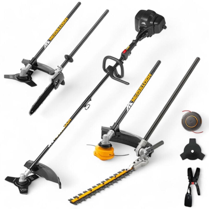 foto del prodotto mcculloch decespugliatore leggero professionale a scoppio 33cc con accessori 4in1 intercambiabili con motosega e tagliasiepi b33ps