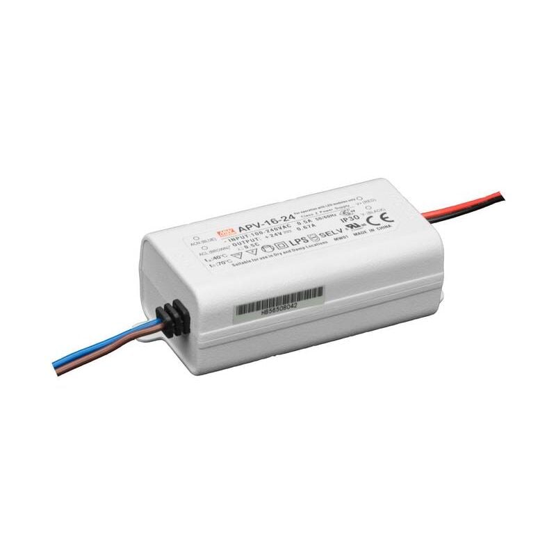 foto del prodotto mean well apv 16 24 trasformatore per led tensione costante 16 w 0 0.67 a 24 v dc non dimmerabile, protezione sovracc