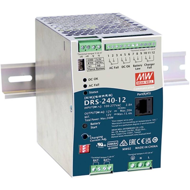 foto del prodotto mean well drs 240 24 alimentatore per guida din 24 v 10 a 240 w num. uscite 1 x contenuto 1 pz.