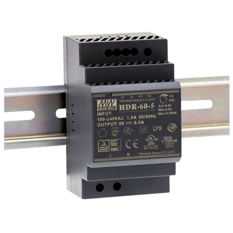 foto del prodotto mean well hdr 60 12 alimentatore per guida din 12 v dc 4.5 a 54 w num. uscite 1 x contenuto 1 pz.