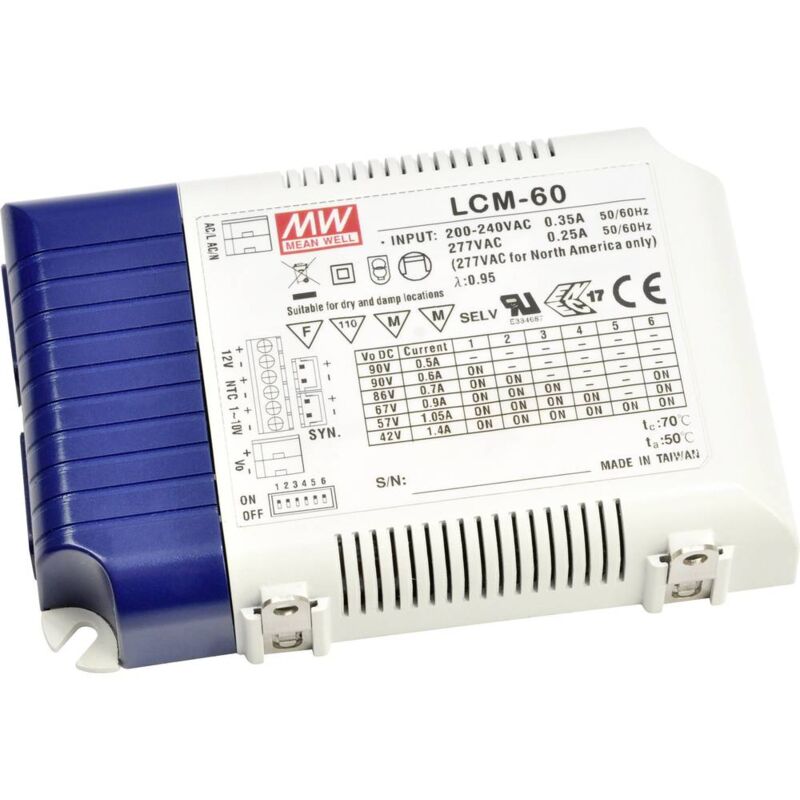 immagine 0 del prodotto mean well lcm 60 driver per led corrente costante 60 w 0.5 4.4 a 2 90 v dc circuito pfc, protezione sovraccarico, d