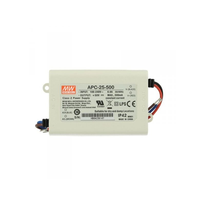 foto del prodotto mean well led driver cc mw apc 25 500 trasformatore 500ma 15v 50v dc 25w corrente costante ip42