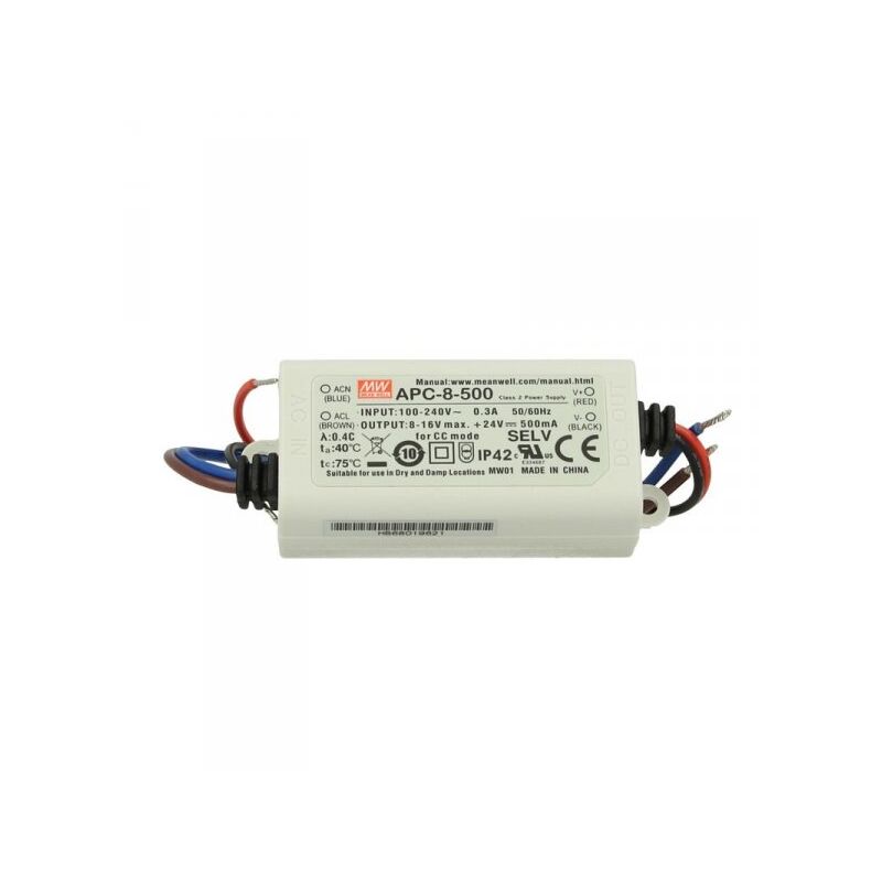 foto del prodotto mean well led driver cc mw apc 8 500 trasformatore 500ma 8v 16v dc 8w corrente costante ip42