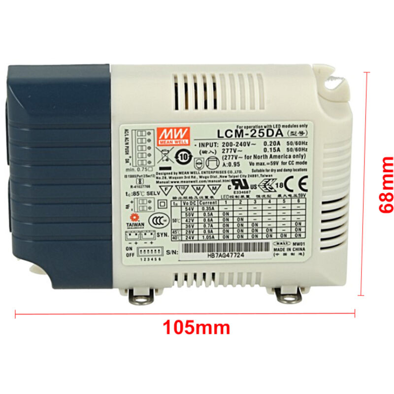 foto del prodotto mean well - led driver cc mw lcm-25da2 dimmerabile dali pulsante n.o. corrente costante selezionabile 350/500/600/700/900/1050ma
