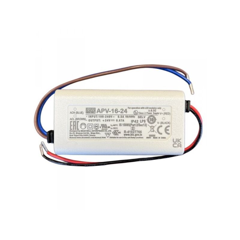 foto del prodotto mean well mw apv 16 24 alimentatore 16w 24v 0,67a ip30 input 220v e 110v