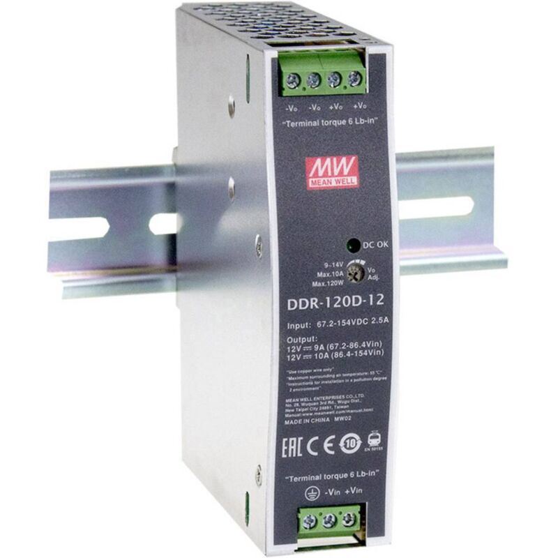 foto del prodotto mean well mw ddr 120b 48 convertitore dc dc per guida din 48 v dc 2.5 a 120 w num. uscite 1 x contenuto 1 pz.