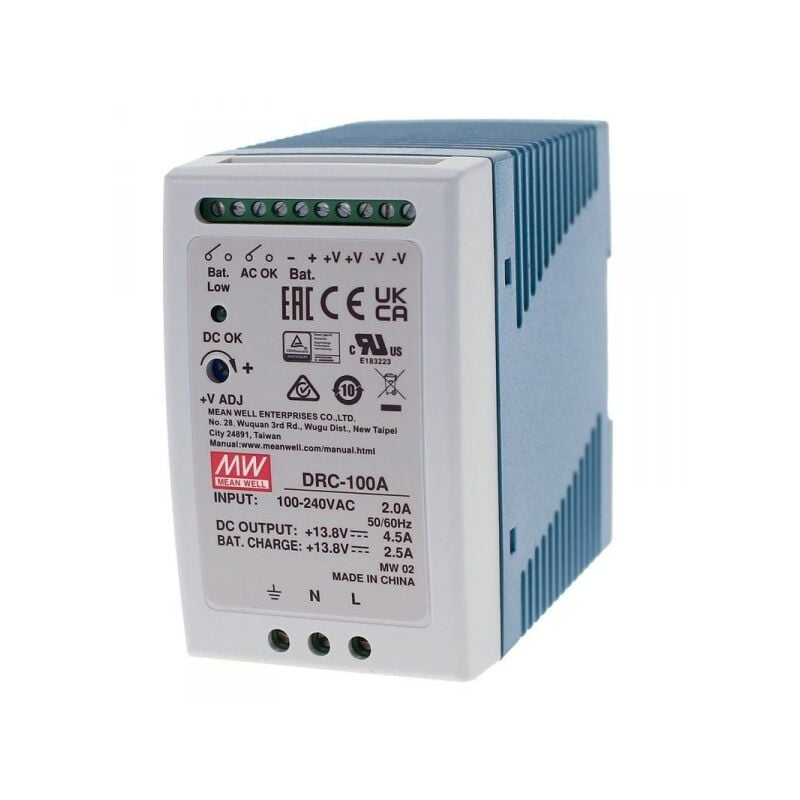 foto del prodotto mean well mw drc 100a alimentatore ac dc 100w montaggio su guida din con funzione di carica batteria ups output 12vdc at 4,5a