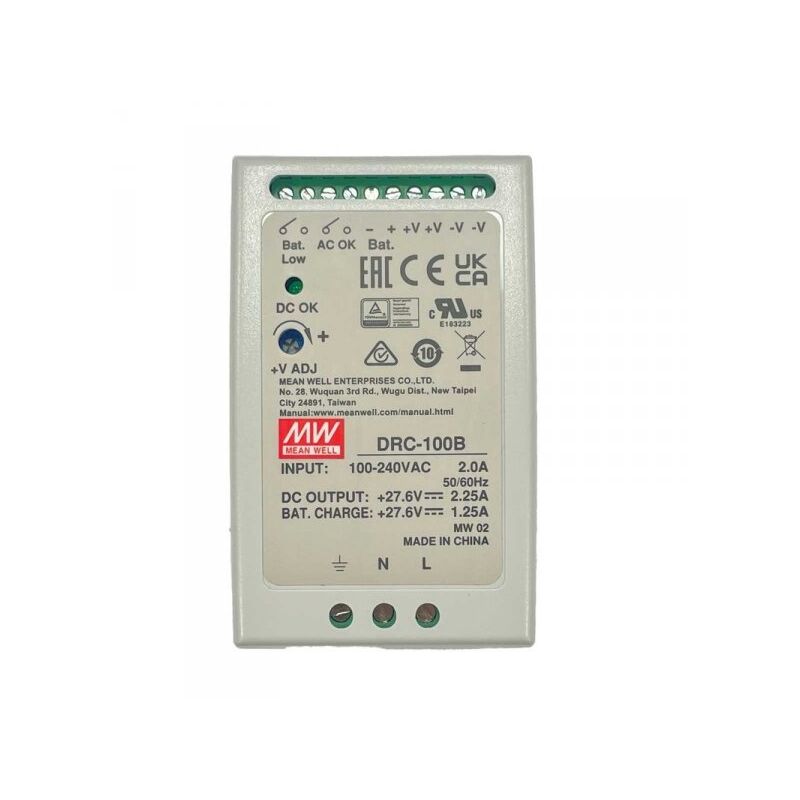 foto del prodotto mean well mw drc 100b alimentatore ac dc 100w montaggio su guida din con funzione di carica batteria ups output 24 30vdc at 2.25a e 27.6vdc at