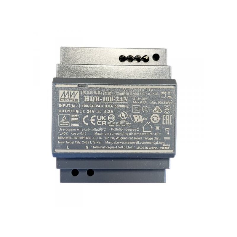 foto del prodotto mean well mw hdr 100 24n alimentatore guida din 100w 24v 4,2a input 220v e 110v