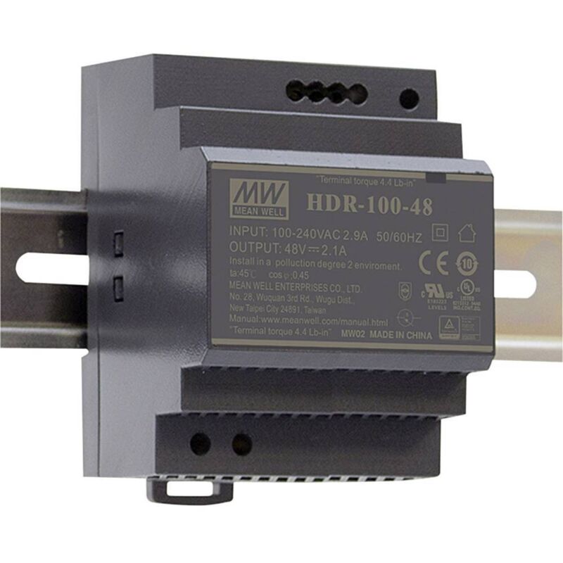 foto del prodotto mean well mw hdr 100 24n alimentatore per guida din 24 v dc 4.2 a 100.8 w num. uscite 1 x contenuto 1 pz.