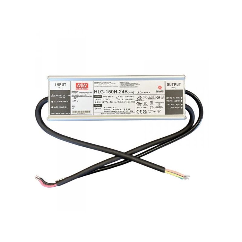 foto del prodotto mean well mw hlg 150h 24b alimentatore ip67 150w 24v 6,3a dimmerabile 1 10v pwm input 220v e 110v