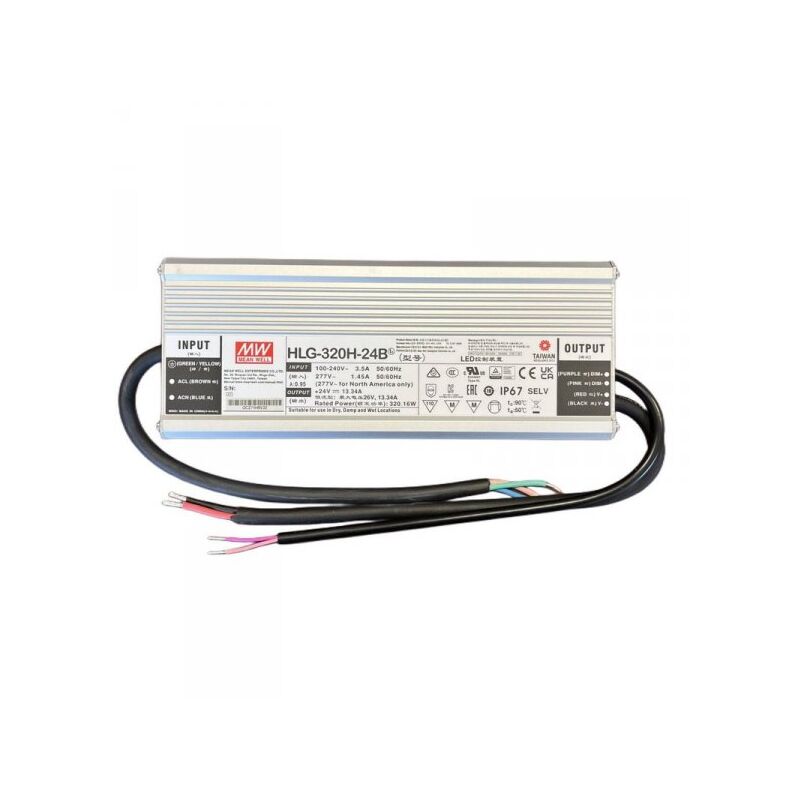 foto del prodotto mean well mw hlg 320h 24b alimentatore ip67 320w 24v 13,34a dimmerabile 1 10v pwm input 220v e 110v