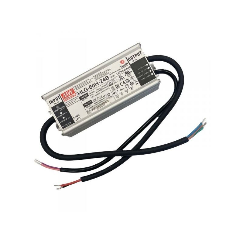 foto del prodotto mean well mw hlg 60h 24b alimentatore led driver cv cc ip67 dimmerabile 60w 24v 2,5a input 220v e 110v