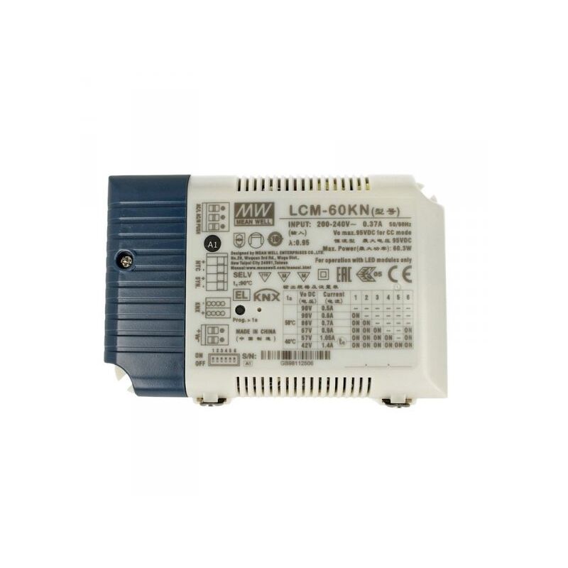 foto del prodotto mean well mw lcm 60kn led driver cc 60w dimmerabile knx konnex e pulsante no corrente costante selezionabile 500 600 700 900 1050 1400ma
