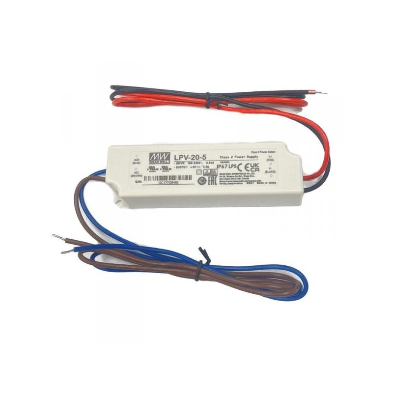 foto del prodotto mean well mw lpv 20 5 alimentatore trasformatore cv 20w 5v 3a impermeabile ip67 input 220v e 110v