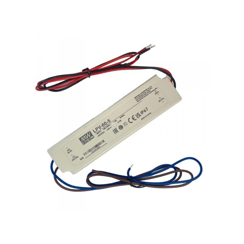 foto del prodotto mean well mw lpv 60 5 alimentatore trasformatore cv impermeabile ip67 5v 40w 8a input 220v e 110v