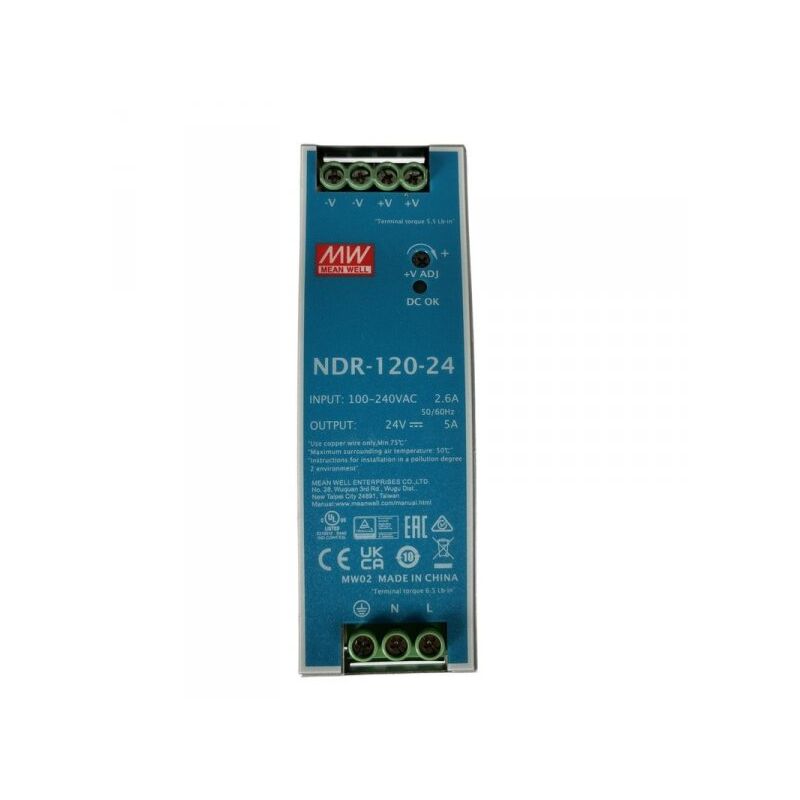 foto del prodotto mean well mw ndr 120 24 trasformatore rotaia industriale 24v 120w 5a barra guida din rail power supply input 220v 110v