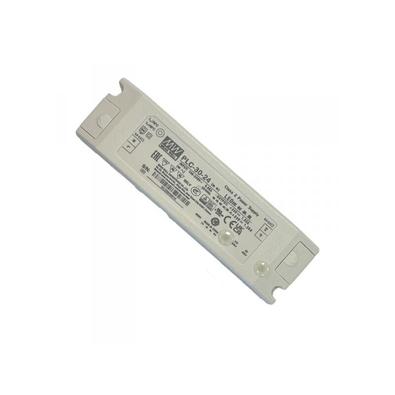 foto del prodotto mean well mw plc 30 24 alimentatore 24v 1,25a 30w con scatola chiusa in plastica input 220v e 110v