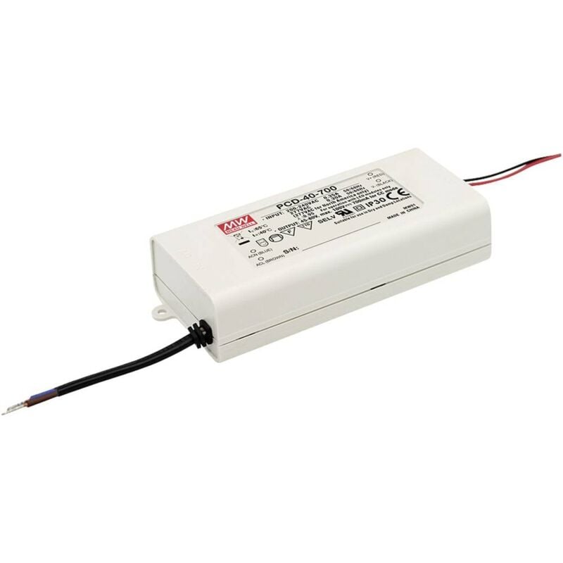foto del prodotto mean well pcd 40 700b driver per led corrente costante 40 w 0.7 a 34 57 v dc dimmerabile, circuito pfc, protezione so